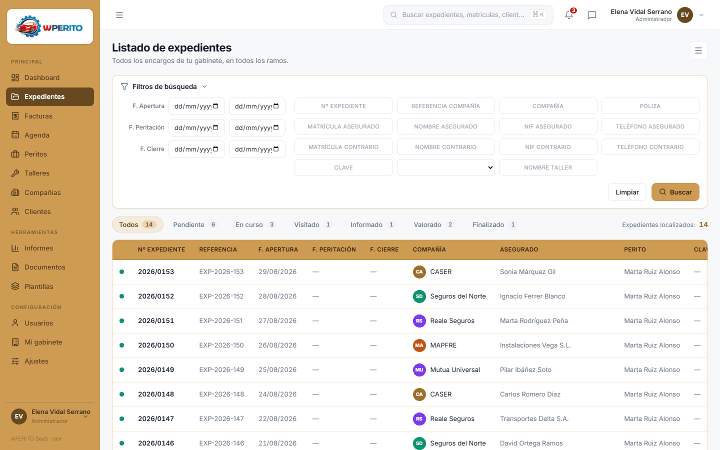 Listado de expedientes del gabinete en la plataforma wPERITO