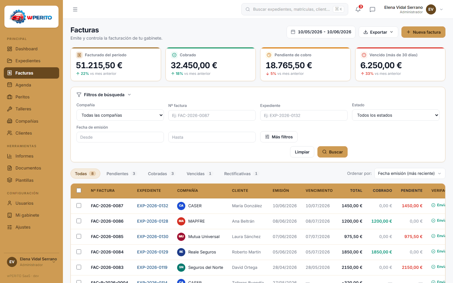 Emisión de facturas electrónicas VERIFACTU en wPERITO