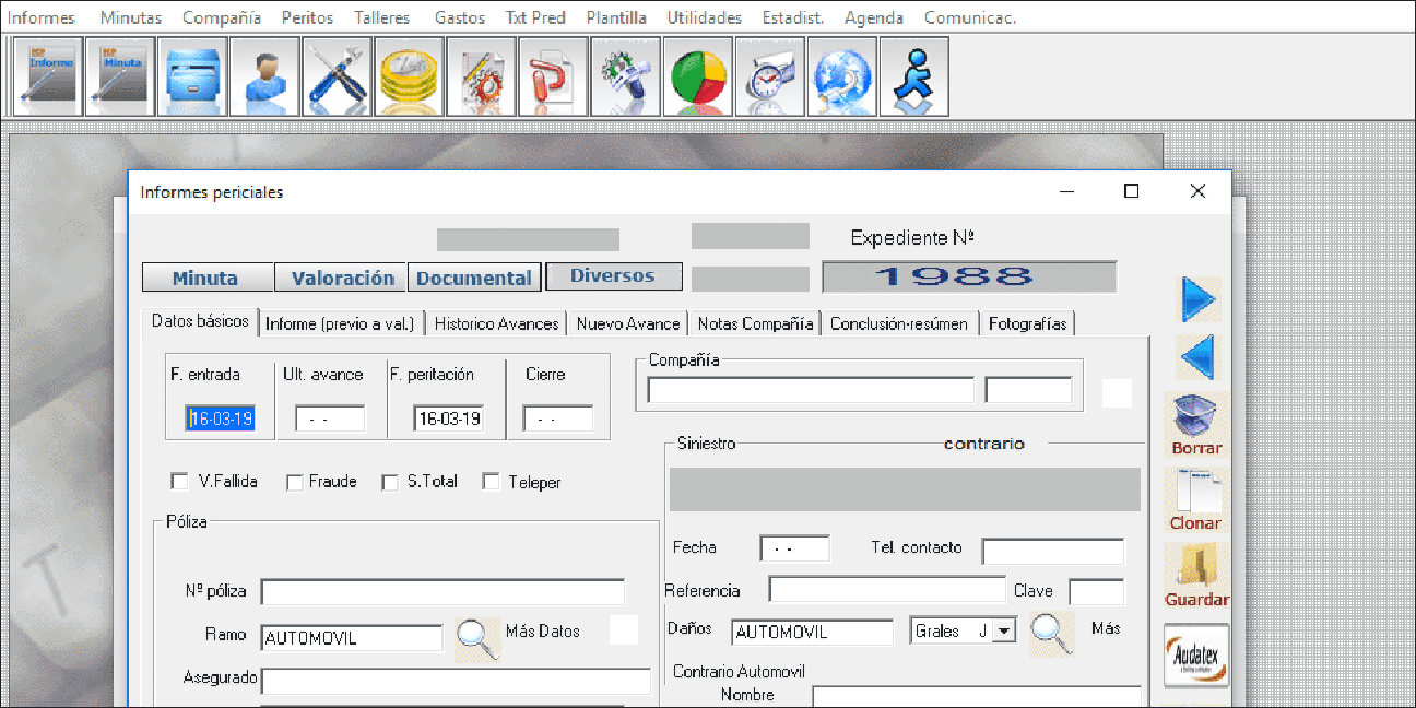 Pantalla de gestión de expedientes en wPERITO