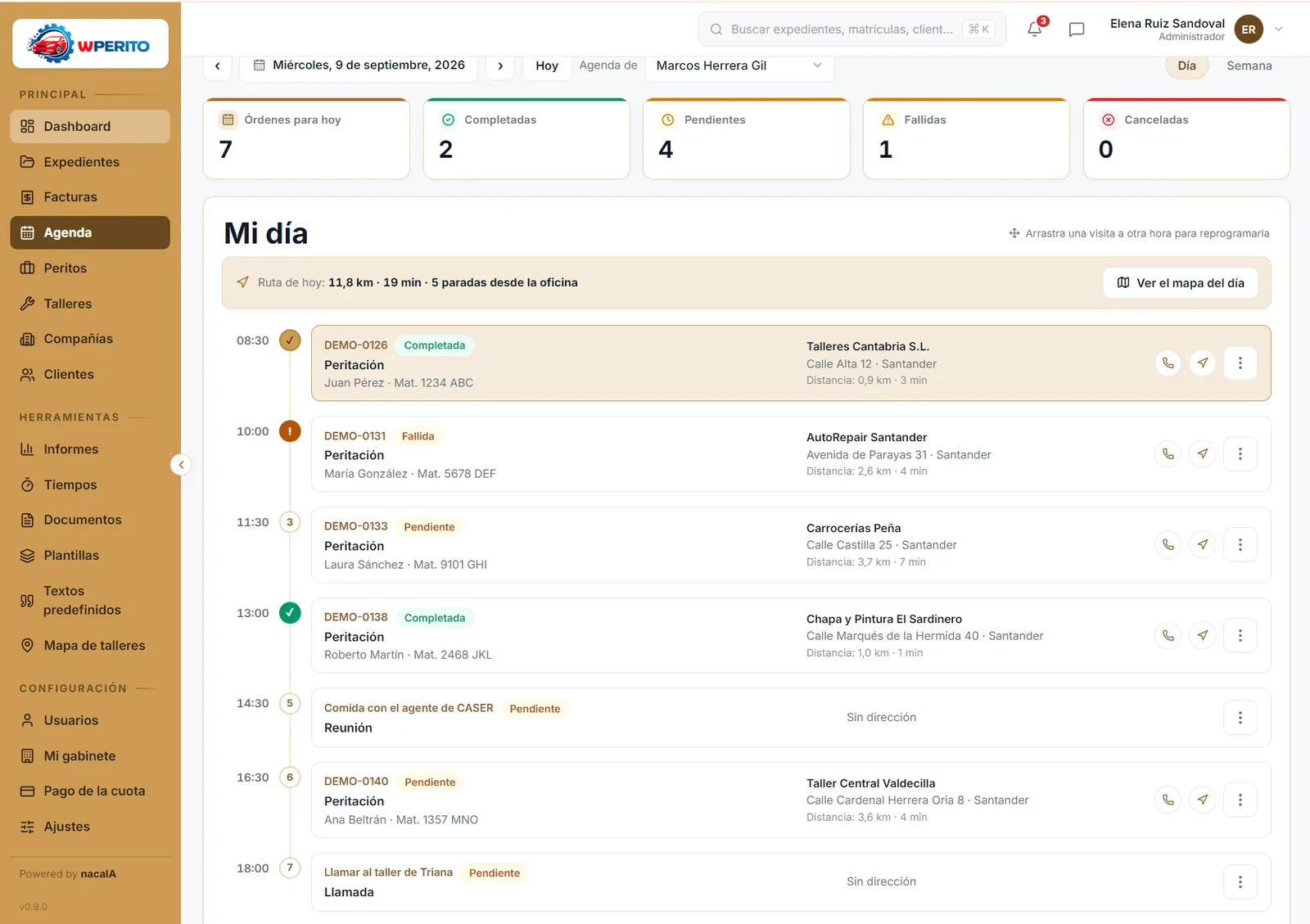 Agenda del día en wPERITO