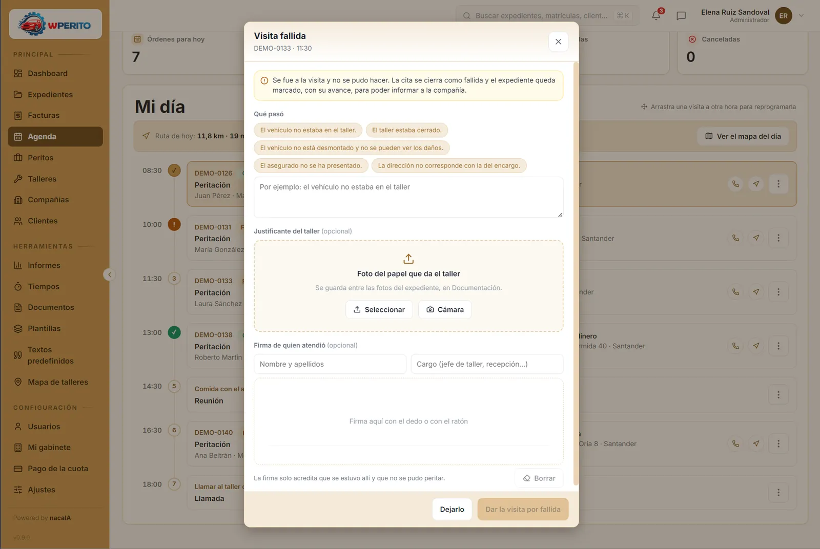 Registro de una visita fallida con justificante y firma