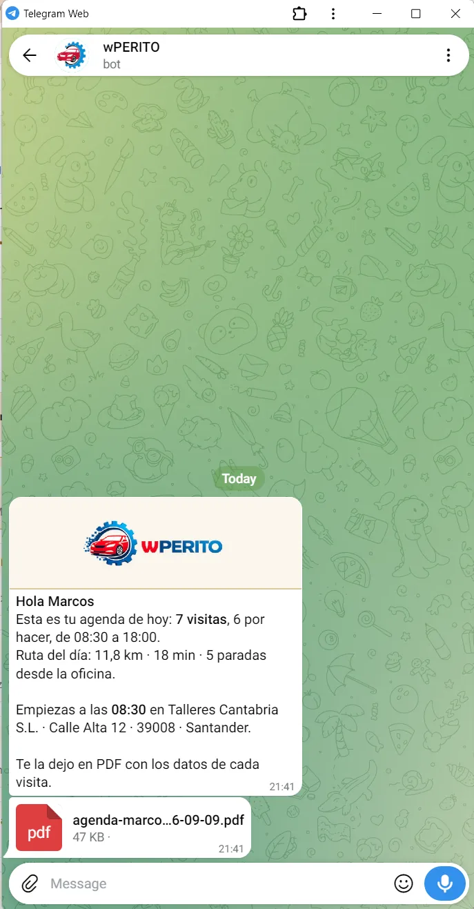 Agenda diaria enviada por el bot de Telegram