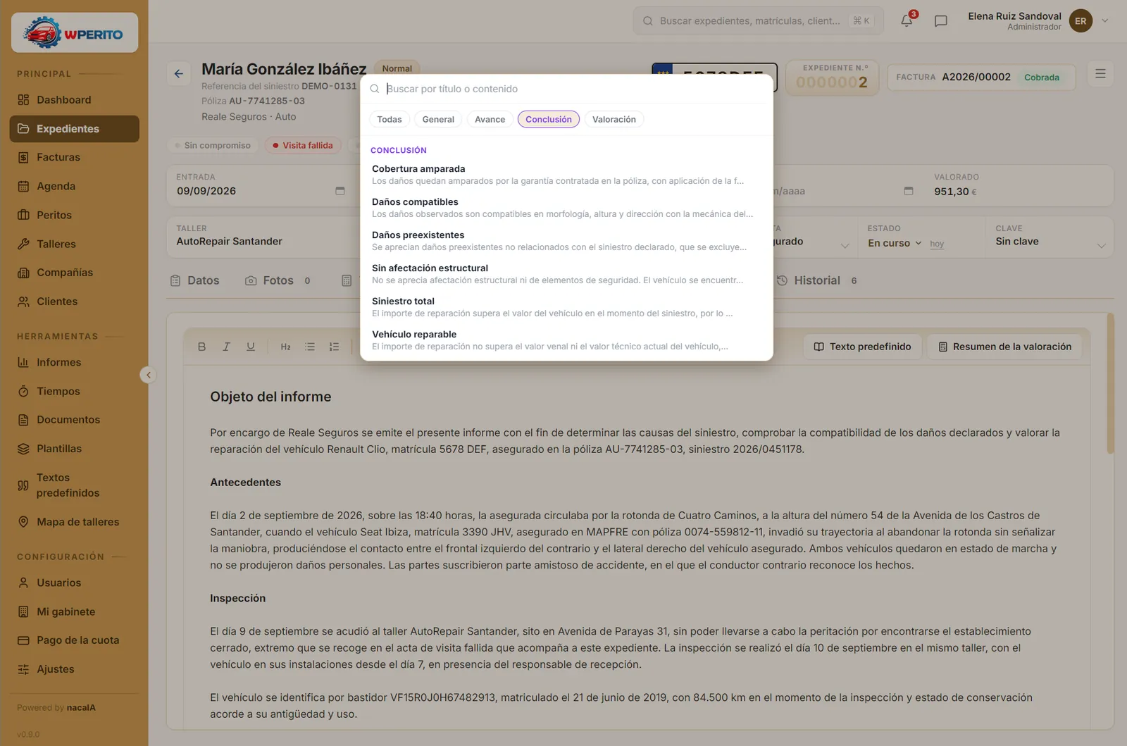 Editor del informe con textos predefinidos