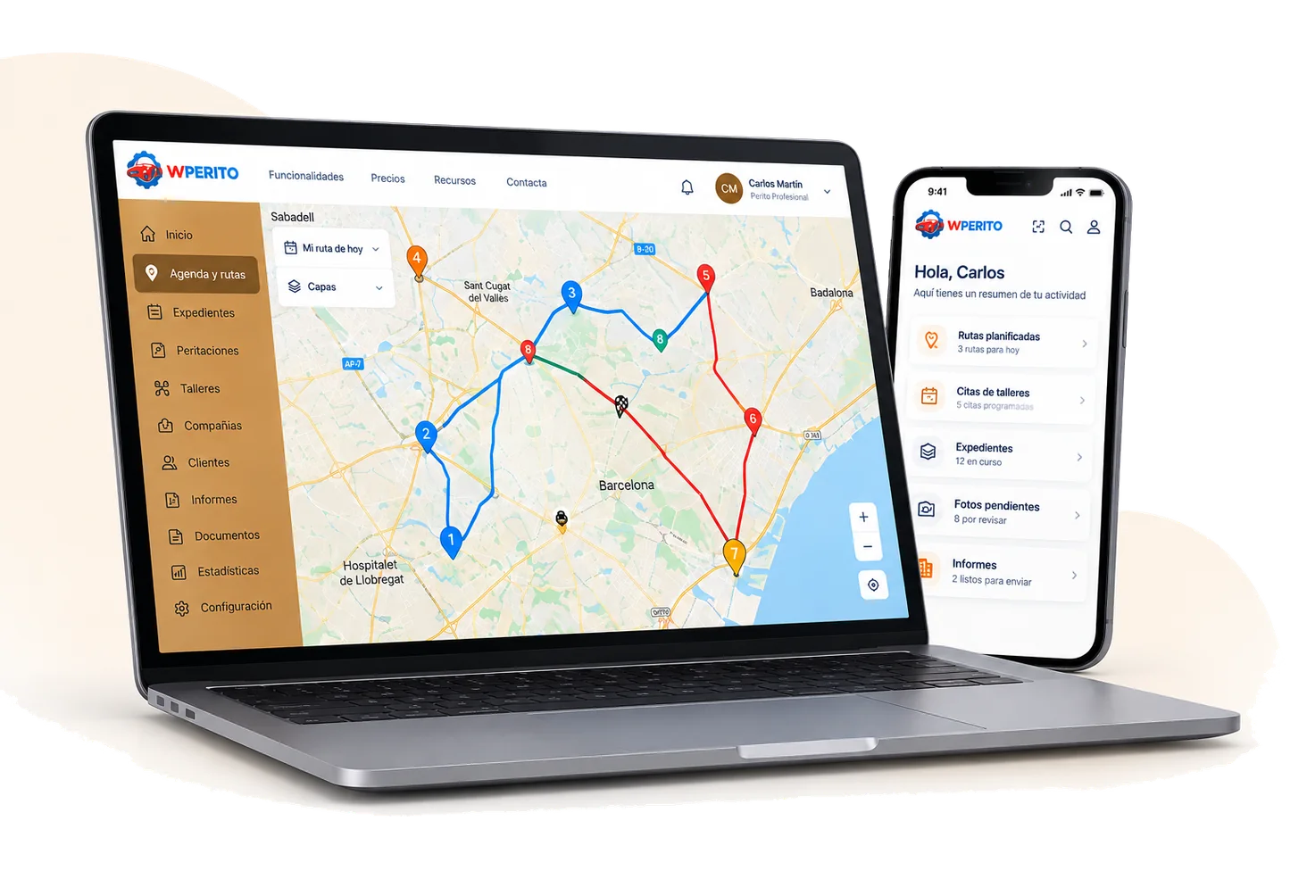 wPERITO en portátil y móvil con la ruta del día